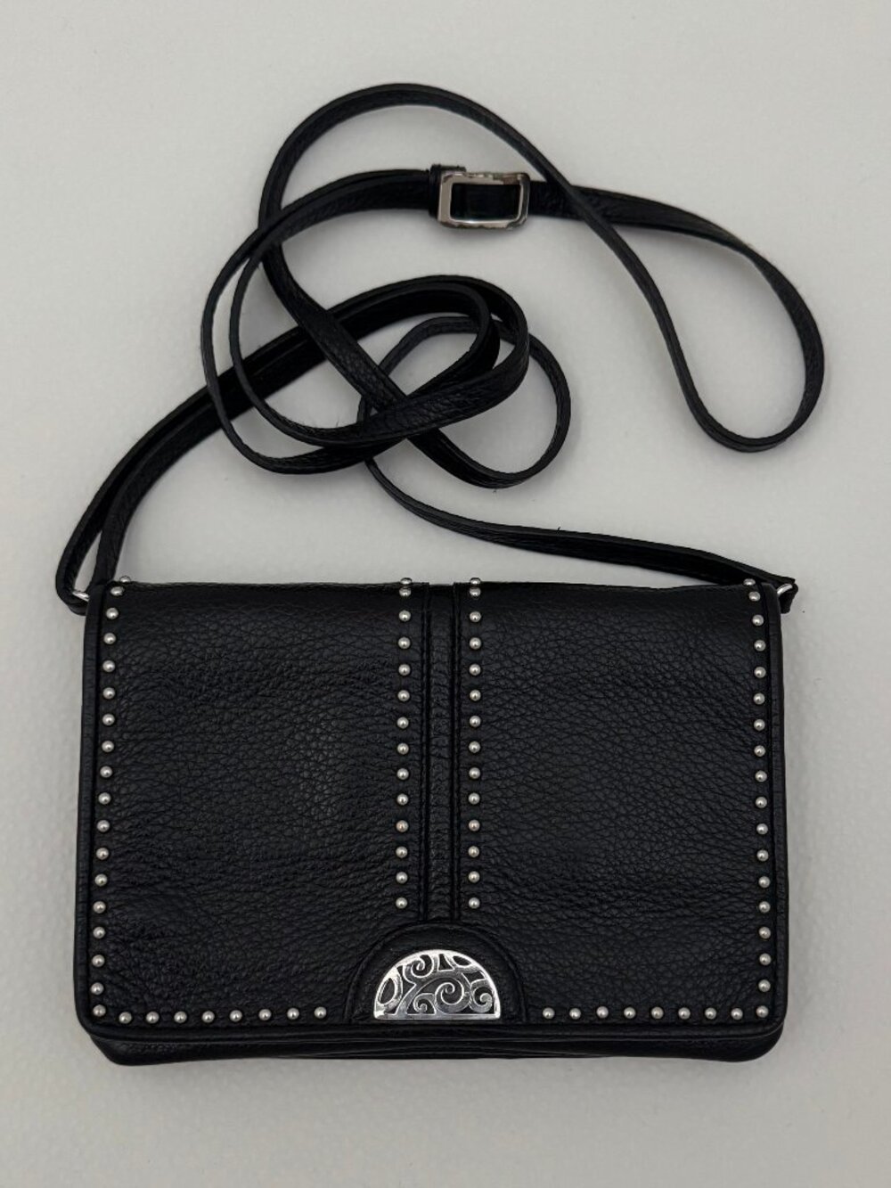 Brighton black pebble leather studded mini crossbody organizer bag silver accent